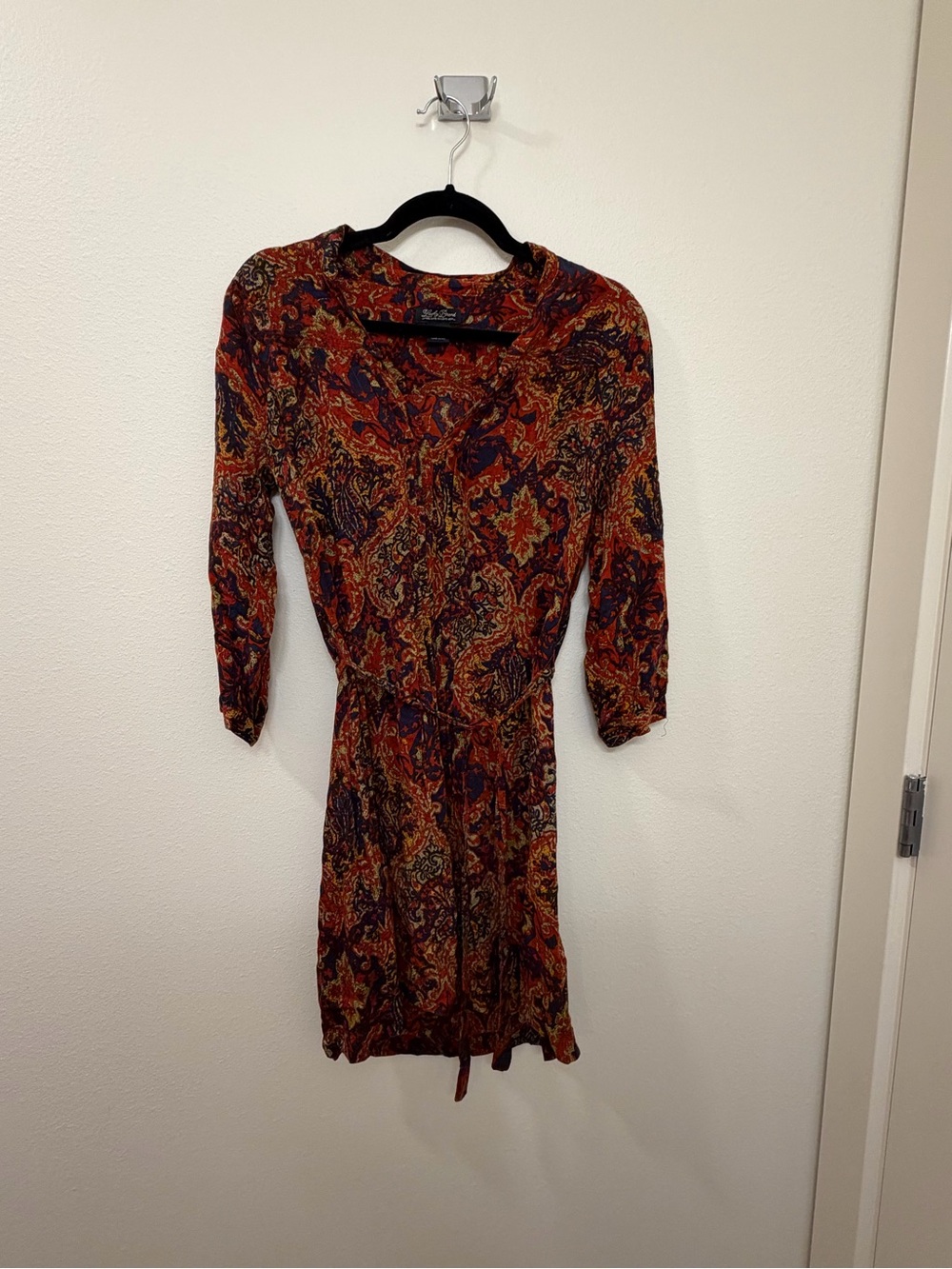 Lucky Brand Paisley Long-Sleeve Dress in Rust and Navy